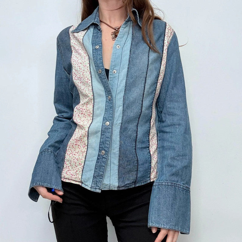 denim striped western floral shirt