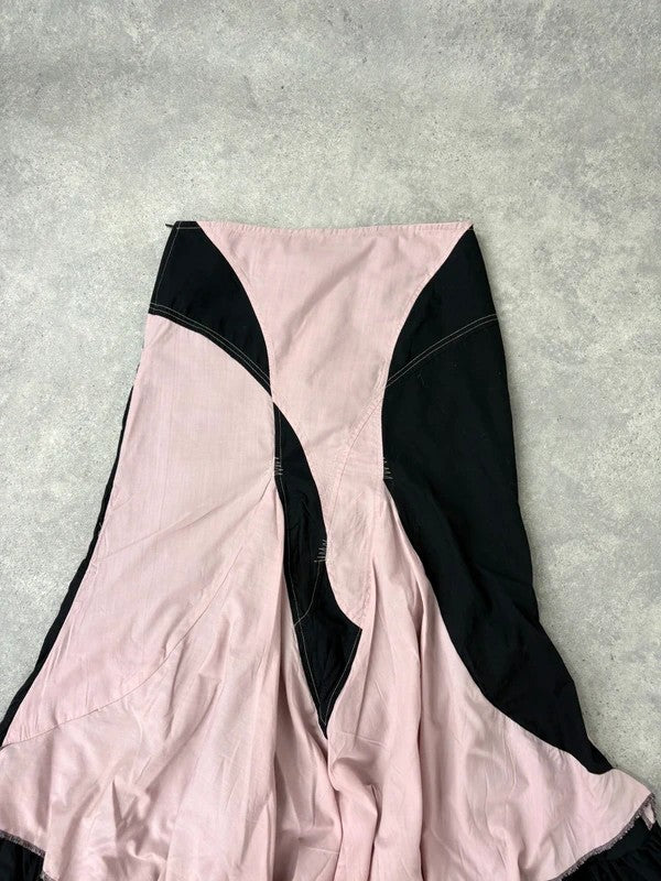 pink and navy gathered asymmetric flared maxi skirt