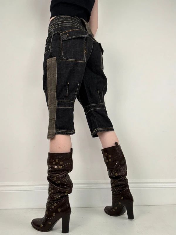 distressed black denim jorts capri pants