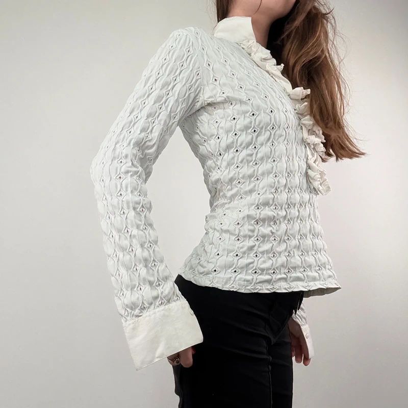 textured white fitted ruffle shirt
