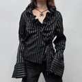 black pinstripe wrap ruffle shirt