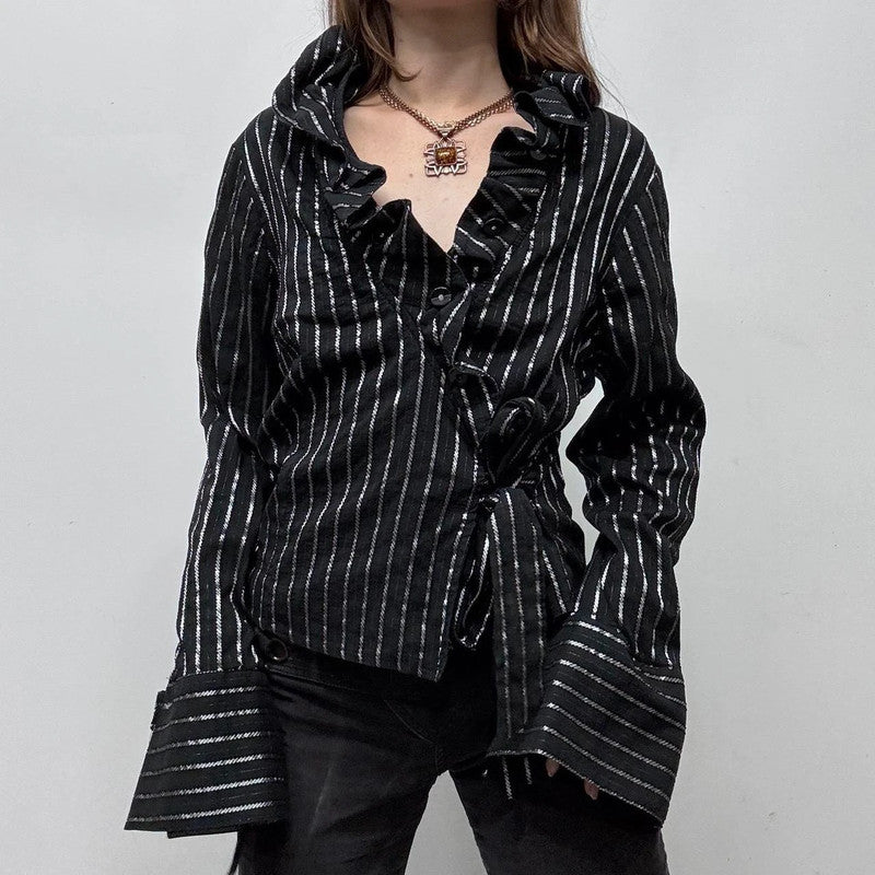 black pinstripe wrap ruffle shirt