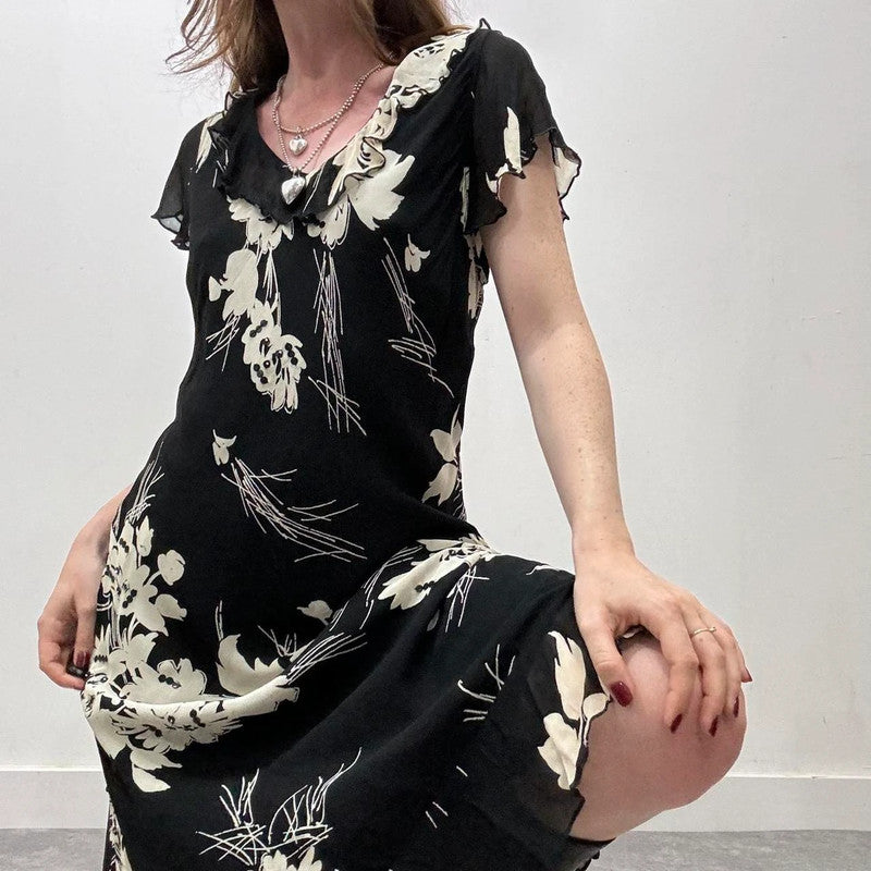 black floral bias cut 90s dress