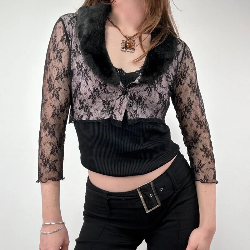 Lace Cropped Cardigan with Faux Fur Collar