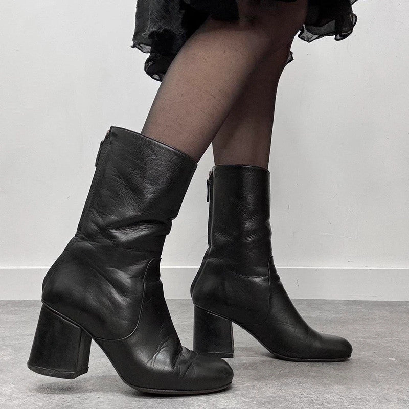 black leather square heel boots