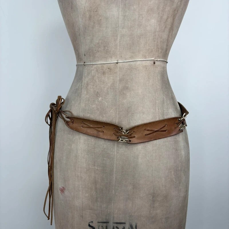 Boho tan leather belt with gold chain and tassel suede
