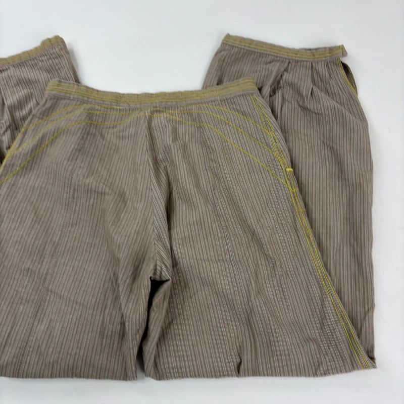 brown pinstripe pleated hem puff cotton trousers