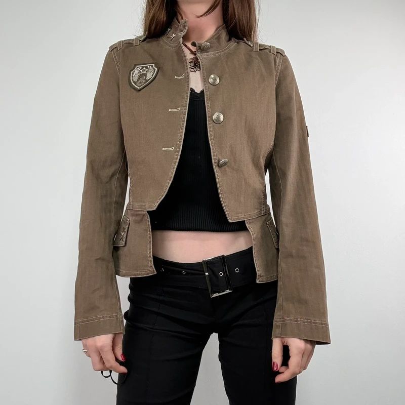 Khaki asymmetric fitted military jacket