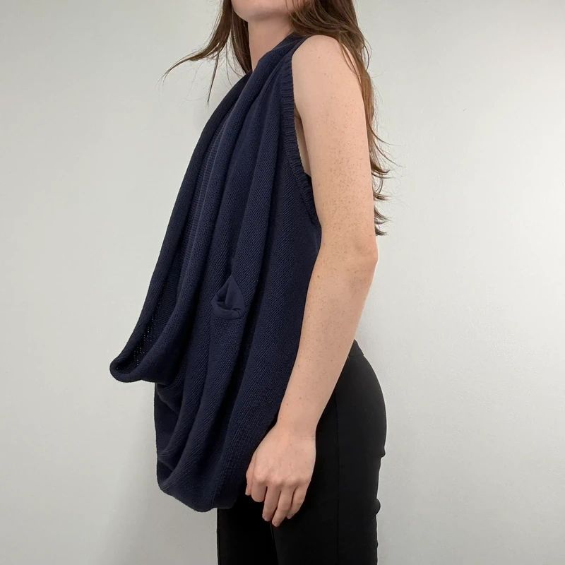 Navy knitted slouchy draped neck vest sweater