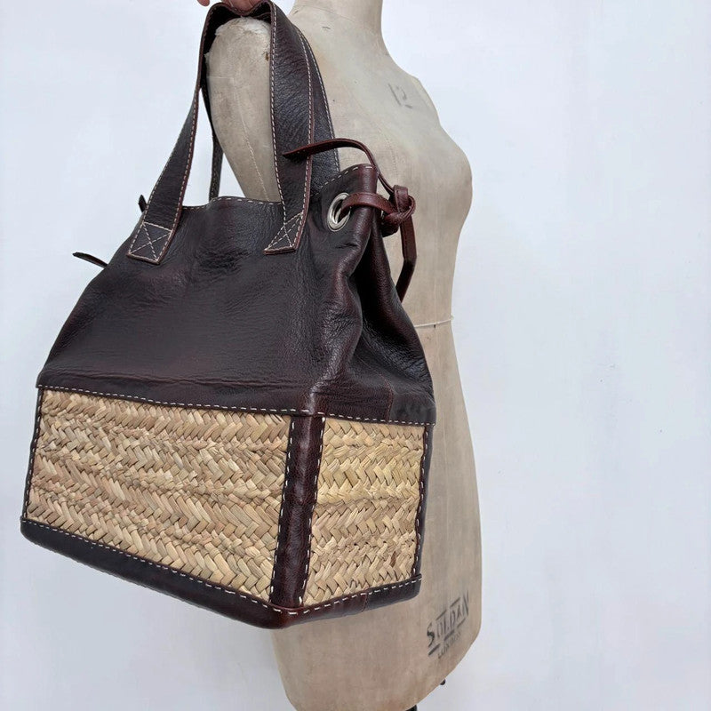 brown leather rattan basket bag