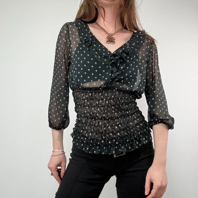 sheer black polkadot cinched shirt