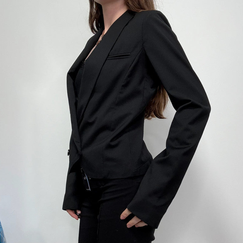 cropped black pinstripe asymmetric jacket
