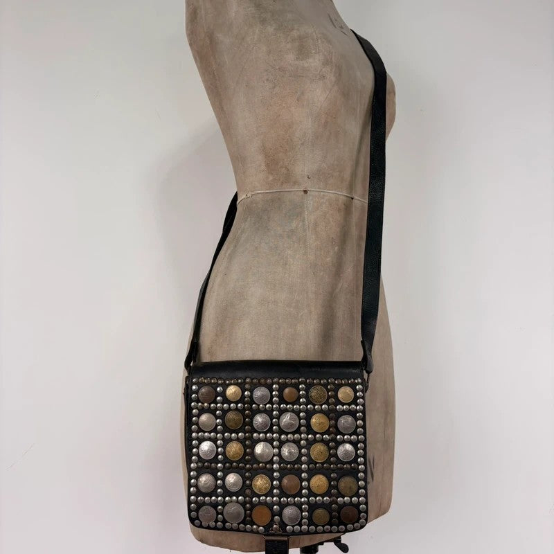 Black leather studded coin bag