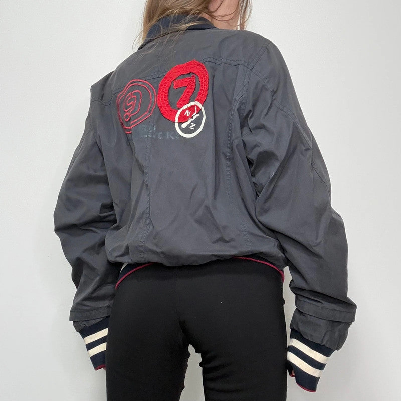 navy bomber jacket, thick striped waistband