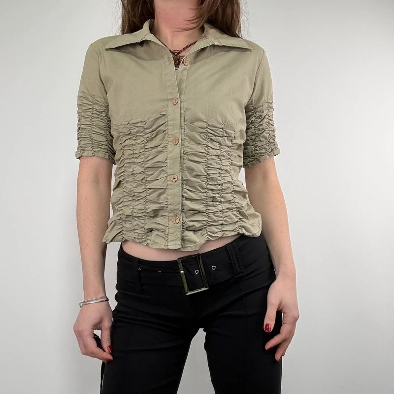 gathered khaki pleated shirt