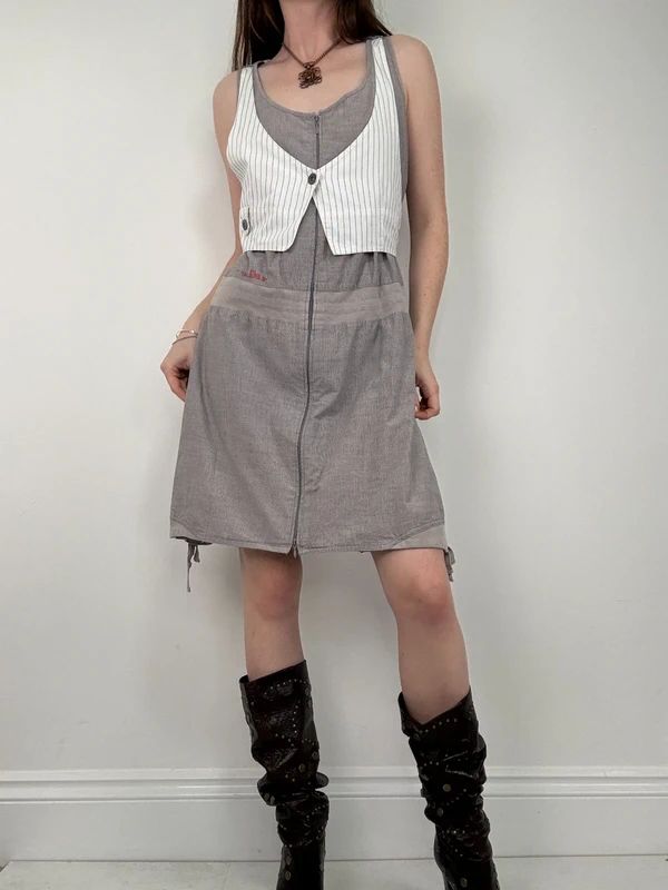 Grey pinstriped layered waistcoat dress