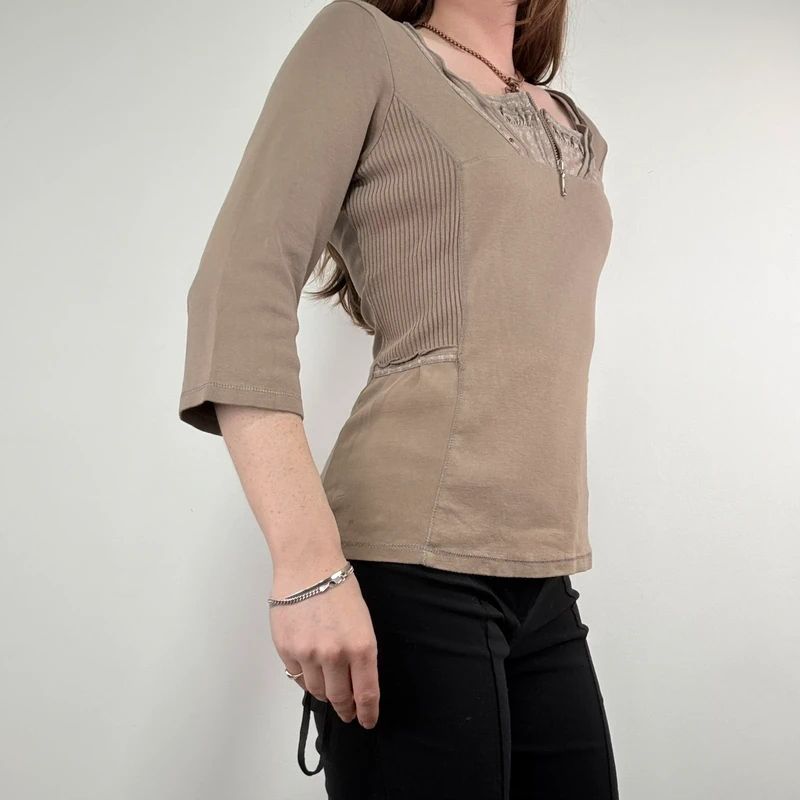 khaki cotton 3/4 length sleeve t-shirt