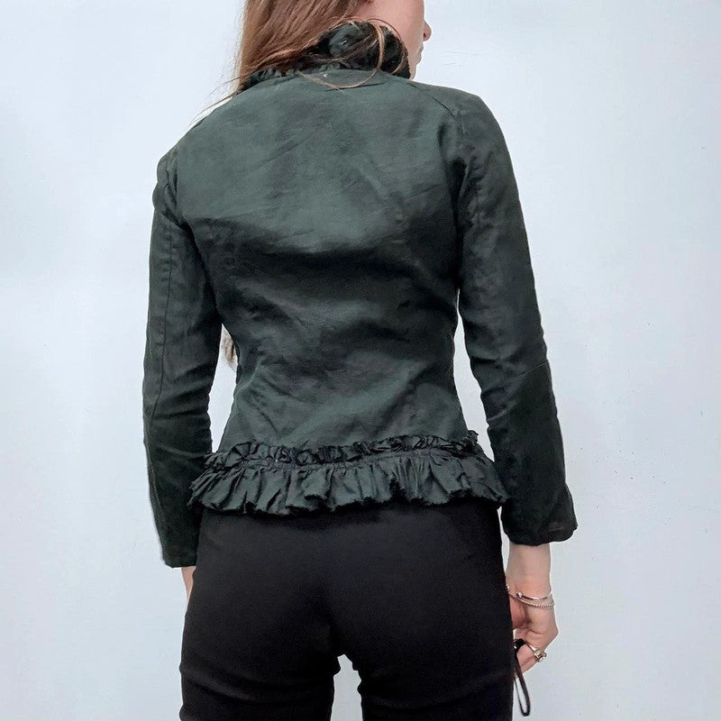 black linen flared ruffle shirt