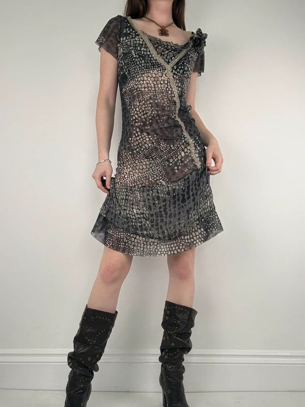 slouchy grey polkadot snake cowl neck draped mini dress