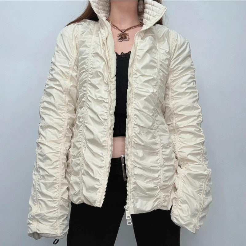 Pleated gathered cinched cream puffer jacket