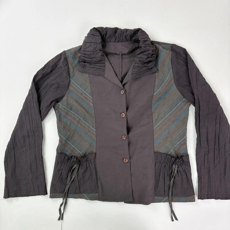 brown pinstripe gathered cinched shirt
