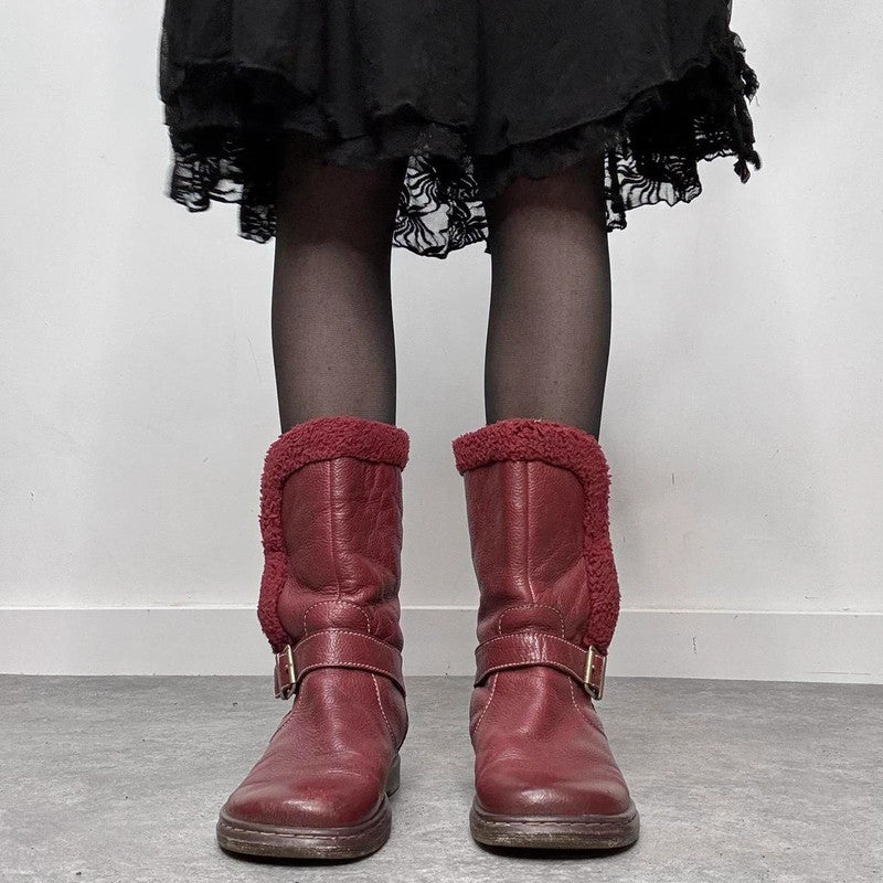 red leather chunky buckle boots