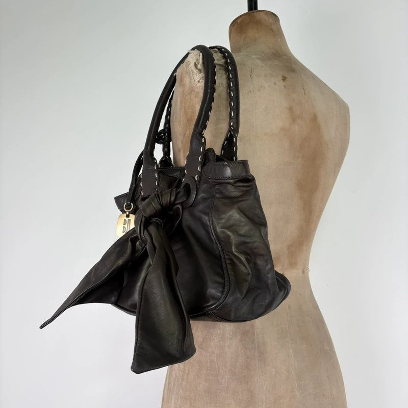 brown leather shimmer bow slouchy Y2K hobo handbag