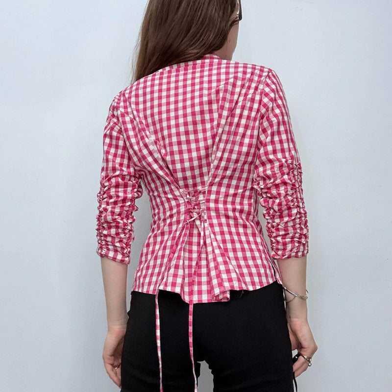 pink tartan ruffle ruched shirt