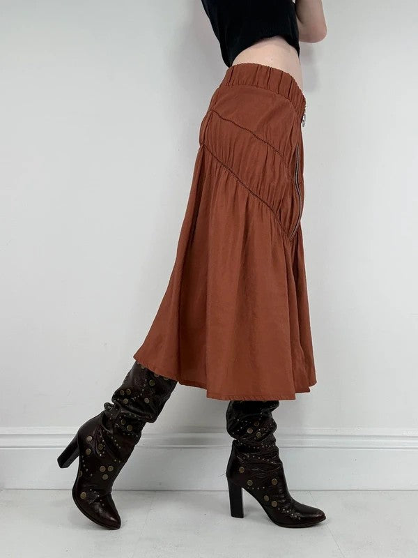 Cop Copine gathered ruched orange midi skirt