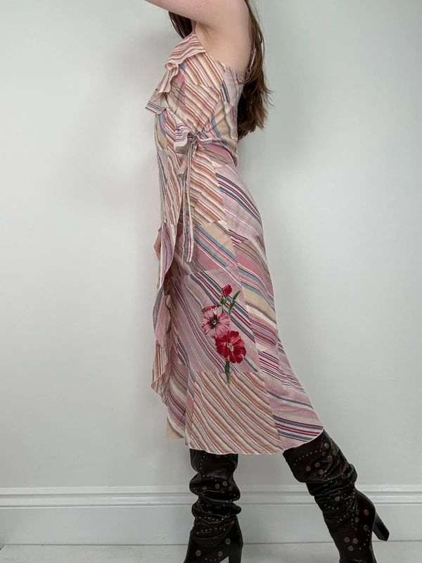 pink pinstripe flared ruffle maxi dress
