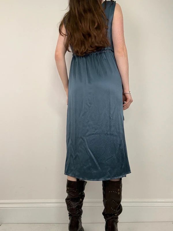 blue silk gathered floaty bias cut midi dress