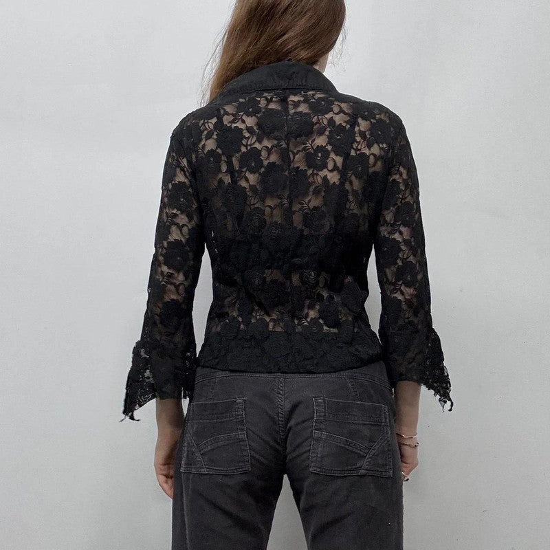 black sheer lace flared shirt
