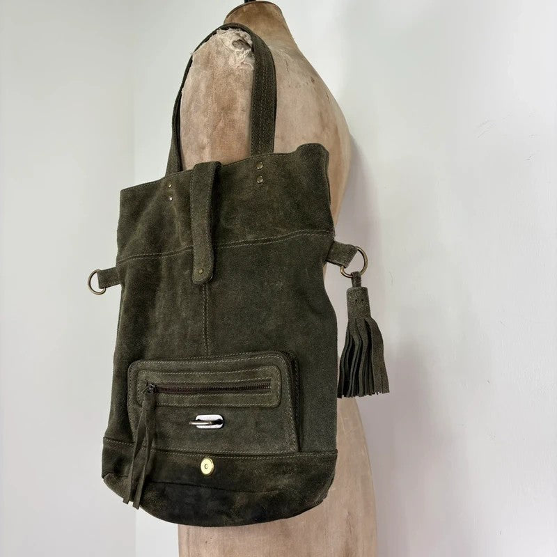 Khaki green suede leather tassel tote bag