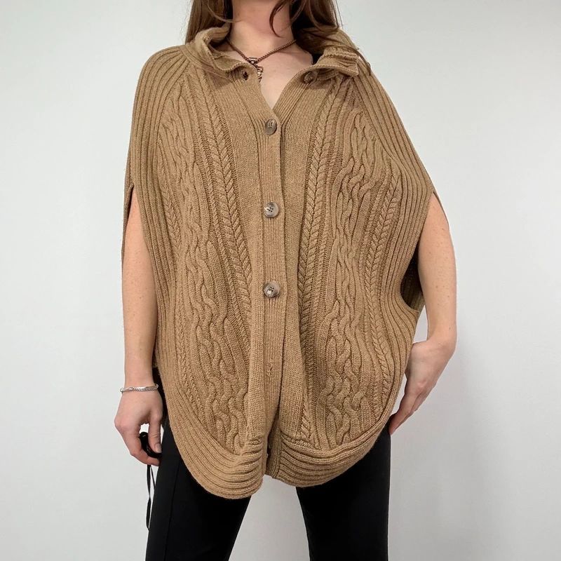 Tan Cable Knit Cape Cardigan