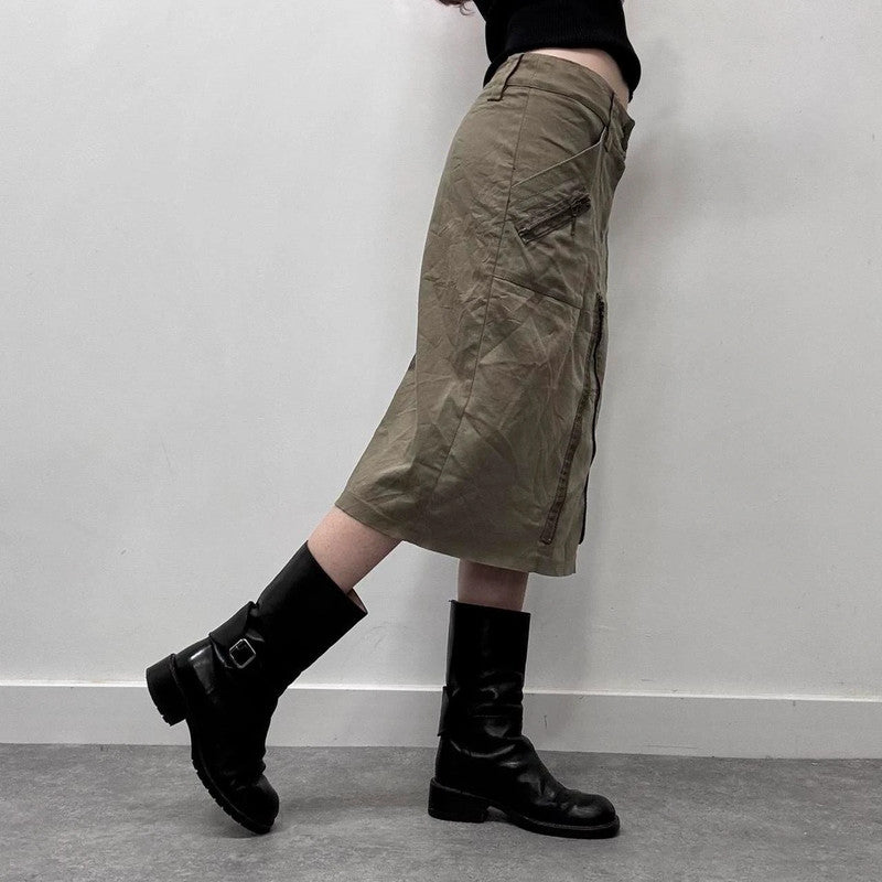 khaki cargo zipper midi skirt