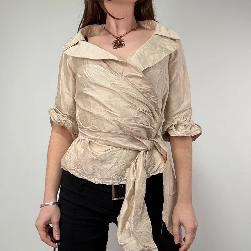 gathered crinkle silk structured wrap shirt