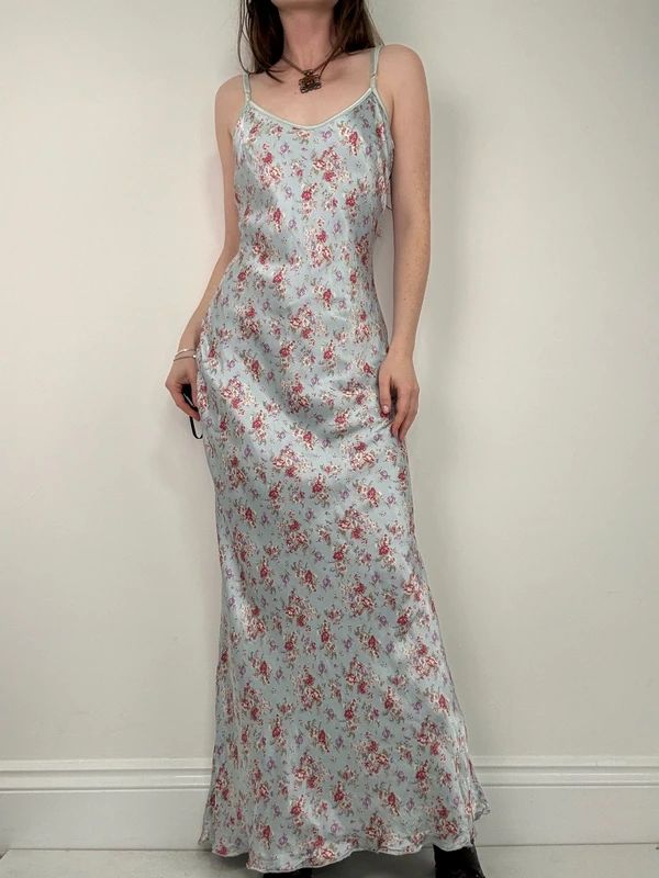 vintage bias cut baby blue floral dress