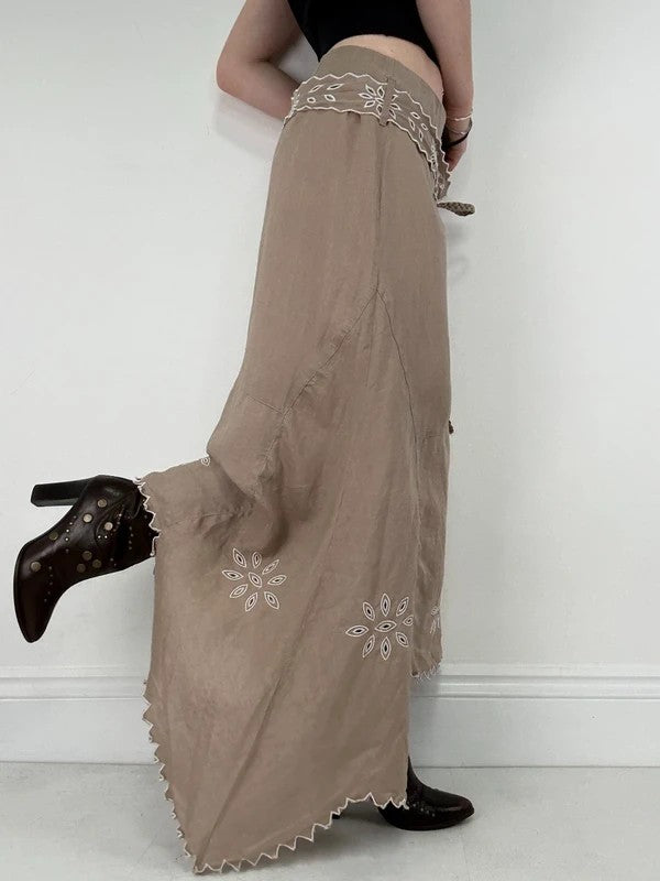 Beige linen boho western asymmetrical flared maxi skirt