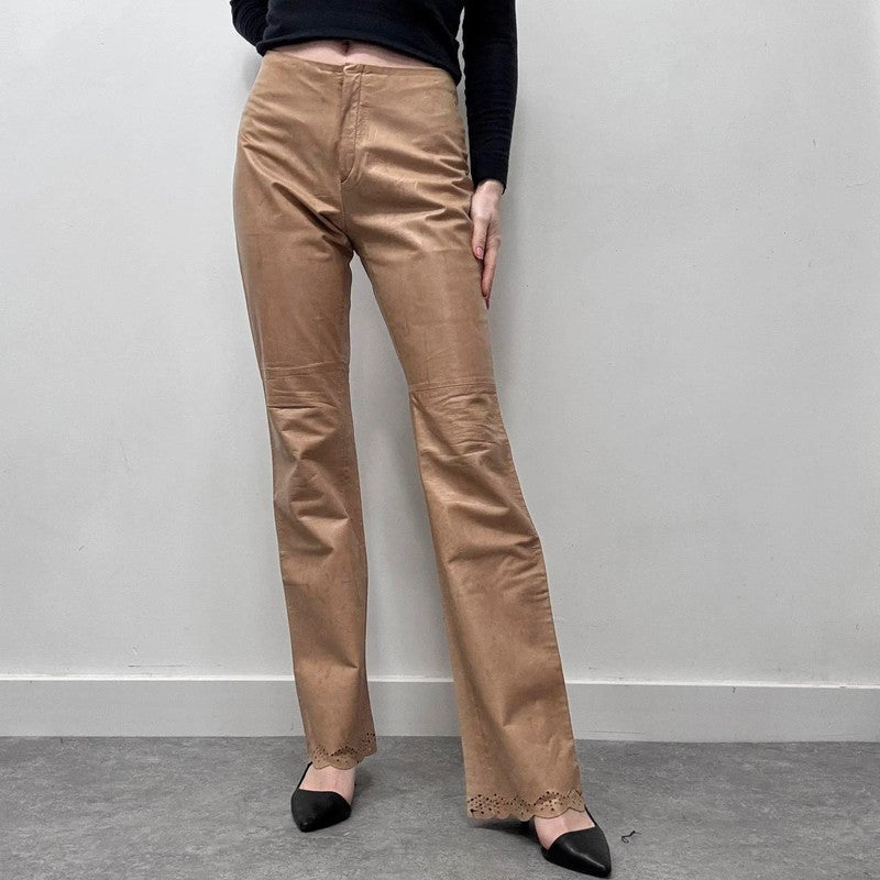 tan leather flared trousers