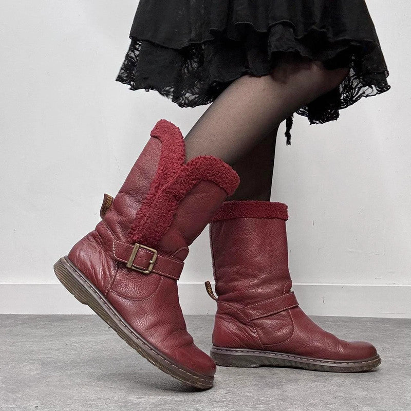 red leather chunky buckle boots