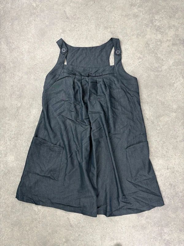 pleated denim mini pinafore dress