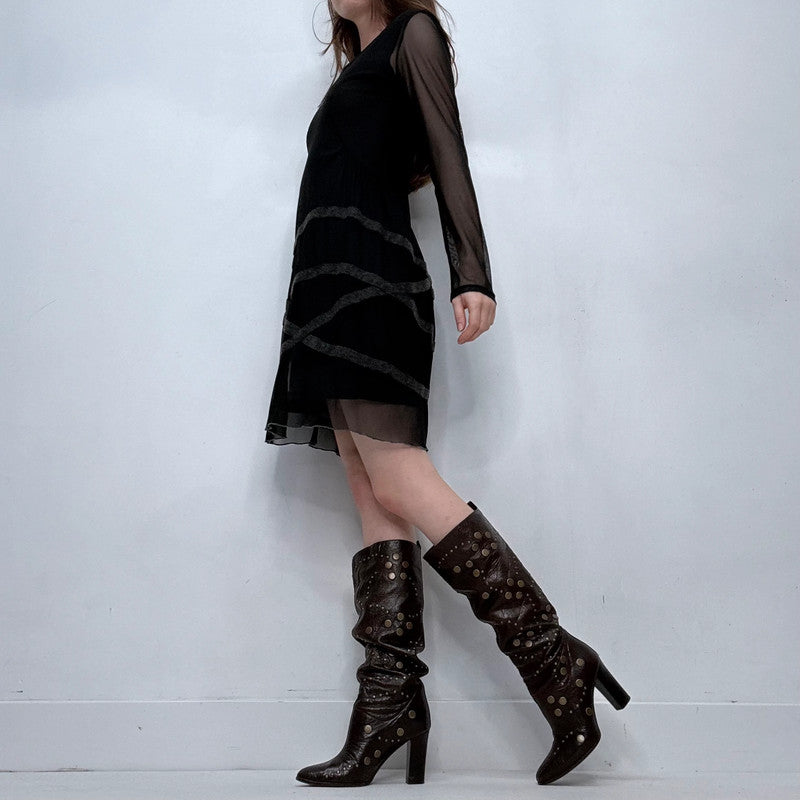 long sleeve flared mesh black dress