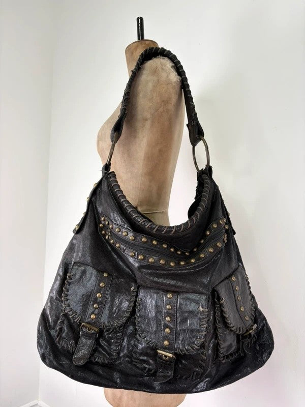 Black studded stitched slouchy shoulder bag
