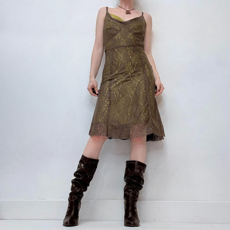 khaki lace layered fairy midi dress