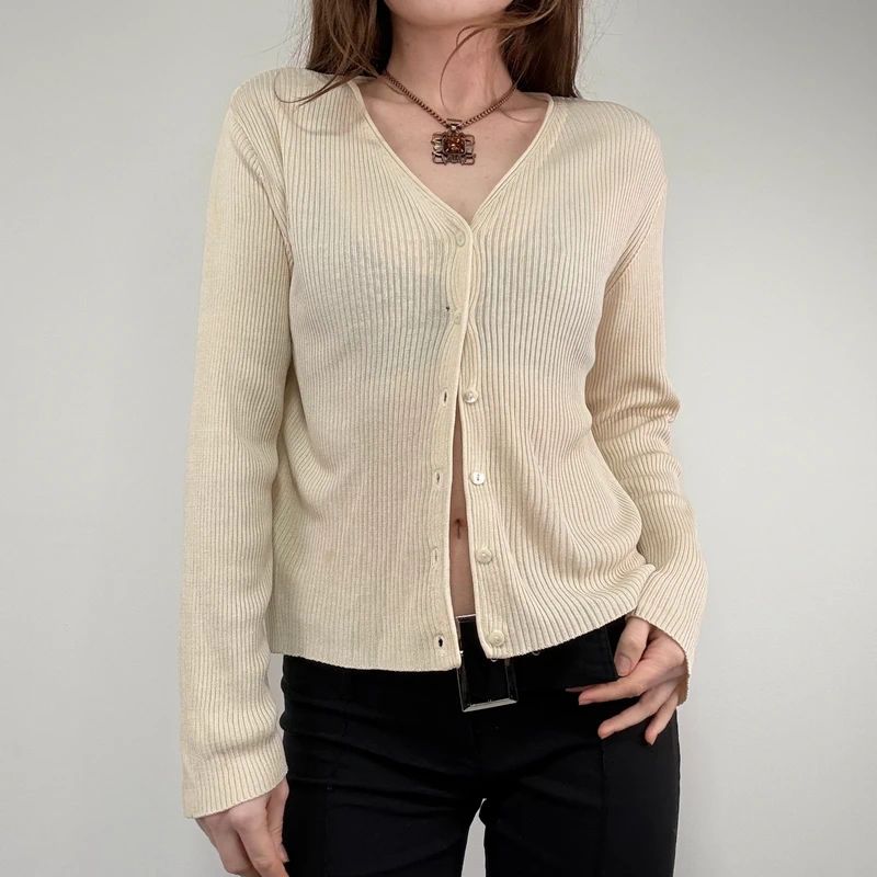cream ribbed knit 100% silk slouchy cardigan