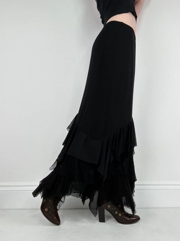 black ruffle grunge layered whimsygoth maxi skirt