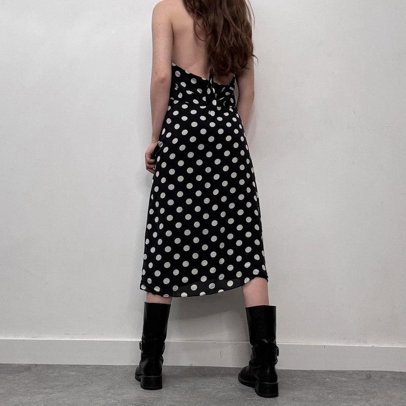 silk polka dot ruffle black and white dress