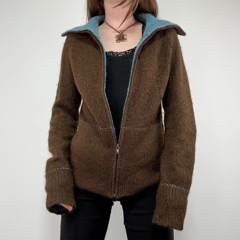 brown knit flared zip through cardigan