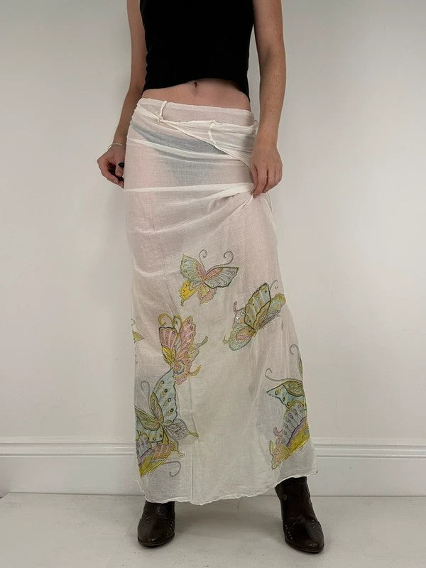White cotton sheer butterfly summer maxi cover-up