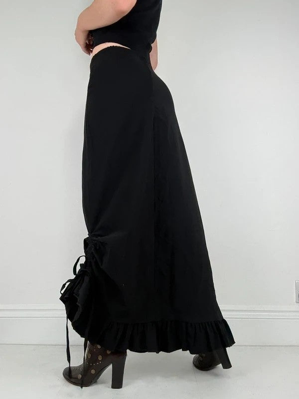 Low waisted black cinched ruffle maxi skirt